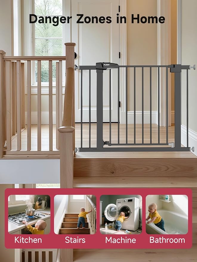 Baby Gate for Stairs, 29.5-40.5" Dog Gate for Doorways, Walk Thru Auto Close Metal Child Gate for The House, Stairs and Doorways, Pressure Mounted Pet Gate for Dog Indoor (Black)
