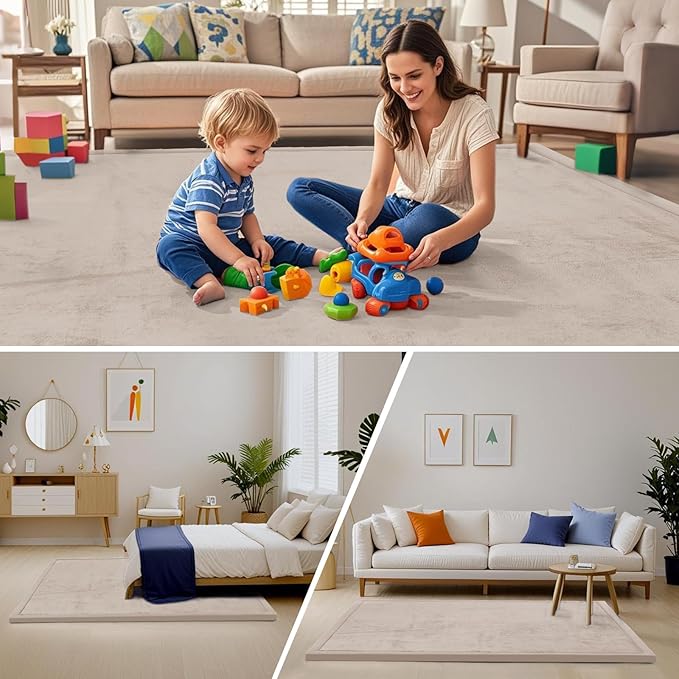 ACOMOPACK Baby Play Mat for Floor,1.3" Thick Memory Foam Area Rug for Living Room,Soft Velvet Crawling with Non-Slip Bottom for Kid,Toddler,39"×59" Tummy Time Nursery Rugs,Yoga（Beige）