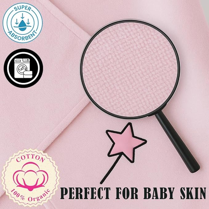 Milk&Moo Baby Hooded Towel, 100% Organic Turkish Cotton, Ultra Absorbent Bath Towel with Hood, 27x47 Inch, for Baby Boys & Girls (0-2 Years, Pink)