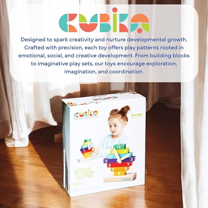 CUBIKA Wooden Clock Construction Kit – Montessori Stacking Toy for Toddlers Ages 3+ – Made from Natural Wood with Water-Based Paints – Travel-Friendly Educational Gift for Boys & Girls
