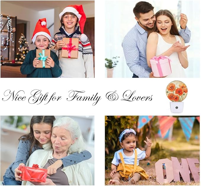 EKOBLA Floral Night Lights Plug into Wall Vintage Poppy Flower Red Orange Night Light LED Round Lamp for Boys Girls, Dusk to Dawn Sensor Nightlight for Stairway Hallway Kitchen