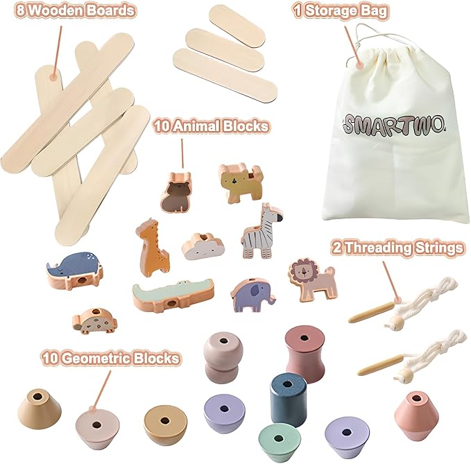 Wooden Animals Threading Toys Lacing Beads for Toddlers 3 4 5 Years Old, Stacking Blocks Balance Toy, Educational Preschool Learning Toy, Montessori Activities for Boys & Girls