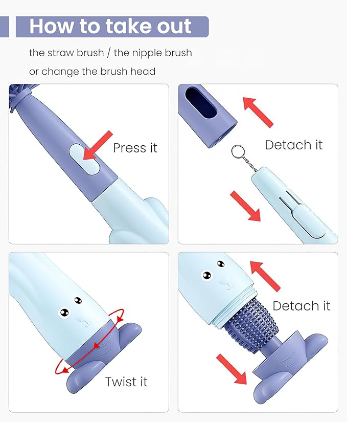 5-in-1 Baby Bottle Brush Set, Bottle Brush for Baby, Baby Bottle Scrubber, Including Silicone & Nylon Bottle Brush, Bottle Cap Brush, Straw Brush, Nipple Brush, BPA-Free (Blue)
