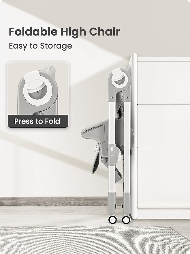 Foldable High Chair with Soft Cushion, High Chairs for Babies and Toddlers, Height Adjustable Feeding Chair, Adjustable Backrest and Footrest, Lockable Wheels, Star Gray