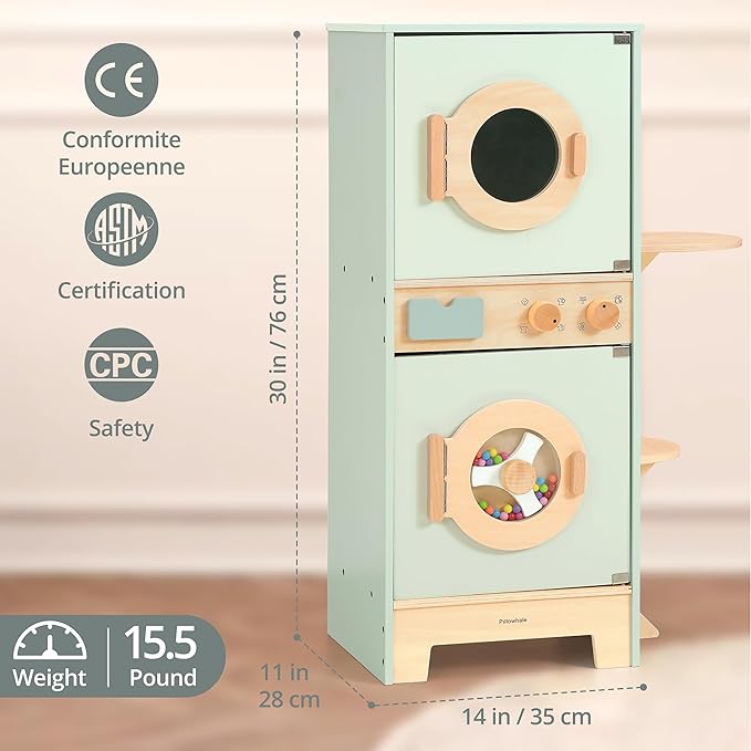 Wooden Washer-Dryer Playset for Kids – 2-in-1 Laundry Center Toy, Dual-Opening Doors, Spinning Drum & Click-Knobs, Basket + Iron Accessories – Montessori Pretend Play Gift Ages 3-6