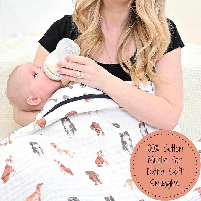 LollyBanks Muslin Baby Blanket 100% Organic Cotton, Muslin Quilt Lightweight, 6 Layers Baby Blankets 47"x 47", Toddler Blanket for Boy and Girl, Nursery Receiving Blankets (Puppies Print)