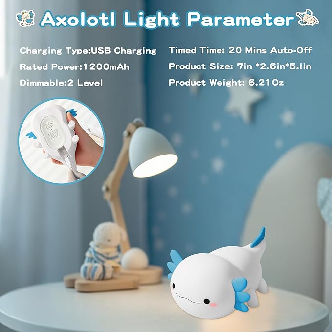 Axolotl Night Light, Nursery Lamp, 2-Level Dimmable, Touch Control, 20-Min Timer, Rechargeable, 100% Safe &Soft Silicone, Cute, Adorable, Soothing Ambiance, Gift for Kids, Blue
