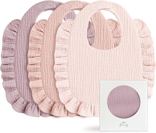 Konssy Muslin Baby Bibs for Girls – Soft 100% Cotton Drool Bibs, Ruffle Trim for Newborns & Toddlers 0-36 Months 3-Pack