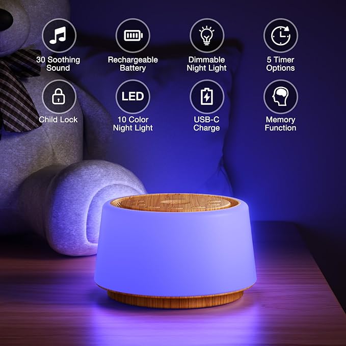 White Noise Sound Machine | White Noise Machine for Sleep | 30 Soothing Sounds | 10 Colors Night Light | Portable Sound Machine for Home Travel(Wood Grain)