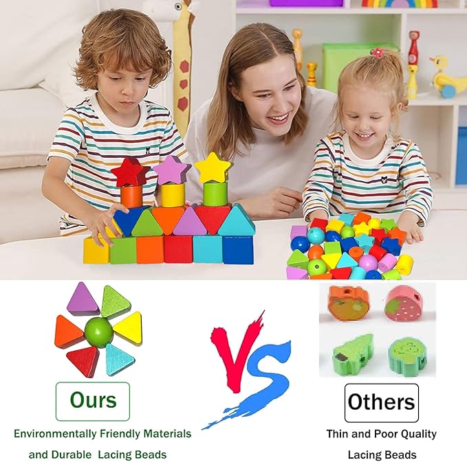 46PCS Montessori Lacing Toddler Beads Threading Toys for Toddlers Wooden Primary String Sewing Preschool Fine Motor Skills Educational Toy for 3 4 5 6Years Old Boys Girls