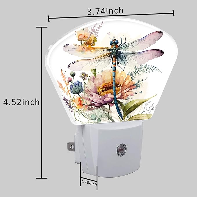 Watercolor Dragonfly Night Light Plug into Wall, Flowers Night Light with Dusk to Dawn Sensor for Kid Girls Boys Women Men Bedroom, Hallway, Kitchen, Bathroom, Stairs Decor