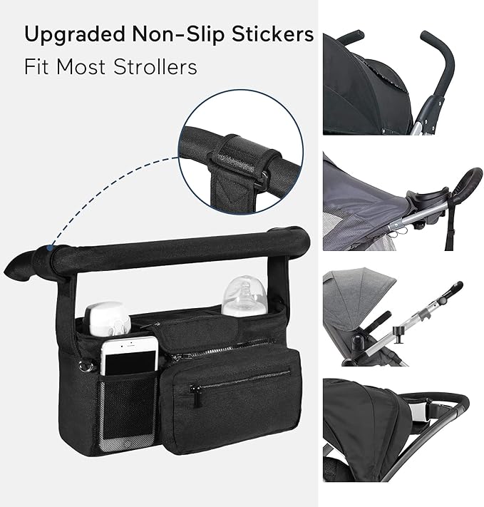 Momcozy NON-SLIP Universal Stroller Organizer | Insulated Cup Holder | Detachable Phone Bag & Shoulder Strap | Fits Uppababy, Baby Jogger, Britax, BOB, Umbrella and Pet Stroller