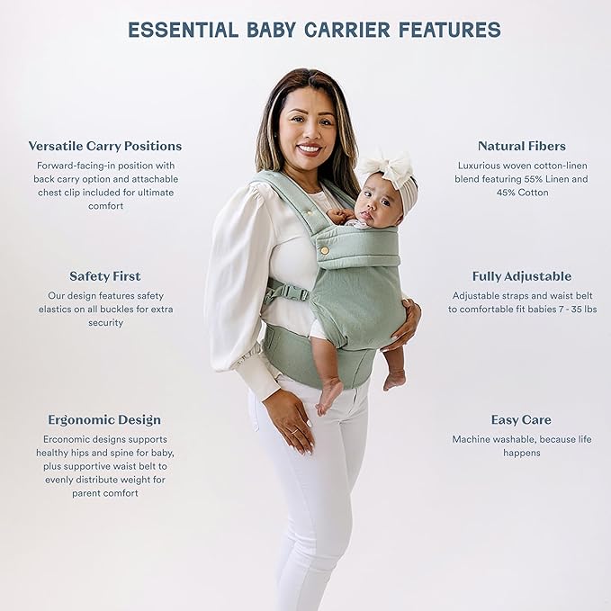 Ava & Oliver Essential Baby Carrier – Ergonomic, Hip-Healthy Soft Structured Carrier for Infants & Toddlers (7–35lbs) - Front and Back Carry, Breathable Fabric, Stylish & Lightweight (Matcha)
