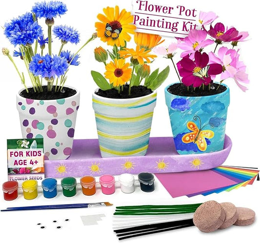Pinwheel Crafts Flower Pot Painting Kit – Paint Your Own Kids Gardening Set with Seeds, Soil, 8 Paints, 2 Brushes & 3 Pots, DIY Plant Growing Kit for Kids Ages 8-12+, Kid Gardening Set