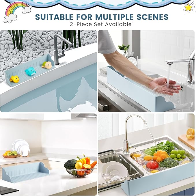 Bathtub Splash Guard for Tub, Silicone Bathtub Caddy Tray with Play Shelf, Kids Bath Tub Shelf and Organizer for Baby Bath Toys, Bath Toy Holder, Toddler Bathtub Accessories(Classic Blue)