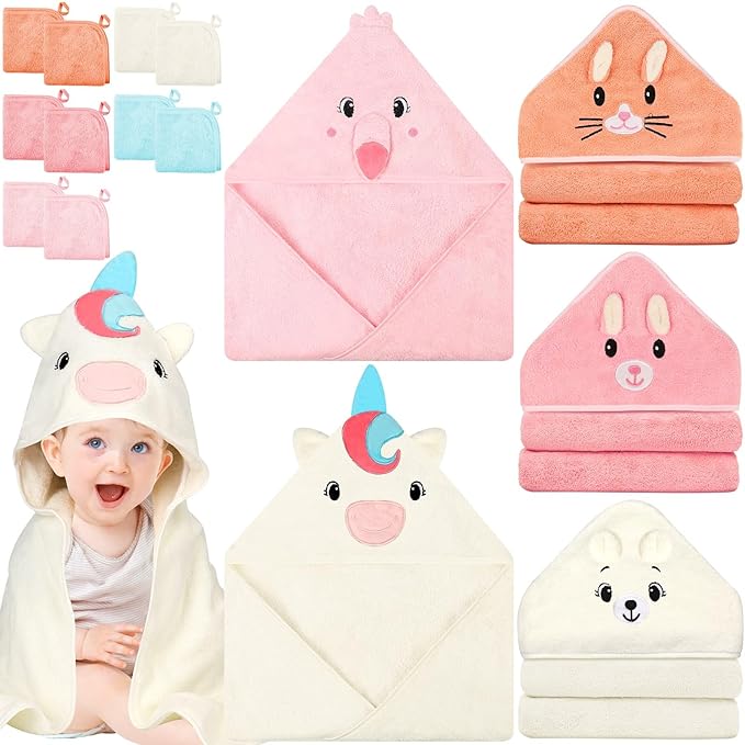 15 Pcs Baby Hooded Baby Towel, Hooded Baby Bath, 5 x Cute Baby Towels and 10 x Baby WashCloth Sets- Perfect Shower Gift for Boys or Girls, Absorbent, Soft, Comforting for Newborn, Infant and Toddler