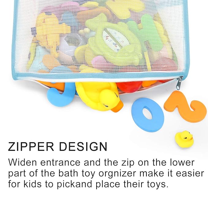 Bath Toy Organizer Multiple Ways to Hang, Extra Large Opening Bathroom Toy Holder, Bottom Zipper Bathtub Toy Storage Bag (Blue)