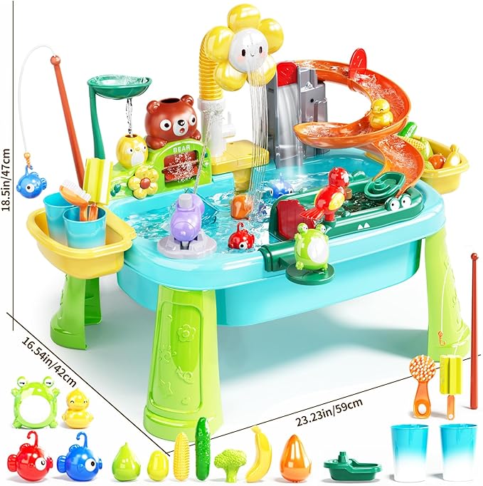 Water Table Play Sink Toys for Toddlers, Kids Play Kitchen Sink with Running Water, 360° Electric Faucet, Floating Fishing Game, Sensory Water Table Toys for Boys Girls Summer Gifts