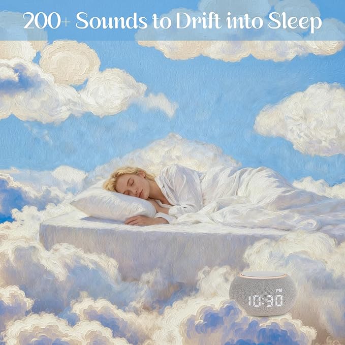 White Noise Sound Machine for Sleep, Dual-Stage Alarm&Snooze, Smart App Control, Custom Buttons, 500+ Non Looping Soothing Sounds, Dimmable Clock, Timer, Night Light, Lullaby, for Baby Adults Kids