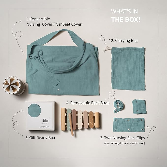 Nilsa 5-in-1 Muslin Nursing Cover up for Breastfeeding & Baby Car Seat Cover - Breathable Breastfeeding Cover With Rigid Hoop - 100% Cotton Privacy Apron Breast Feeding Covers For Women (Mint green)