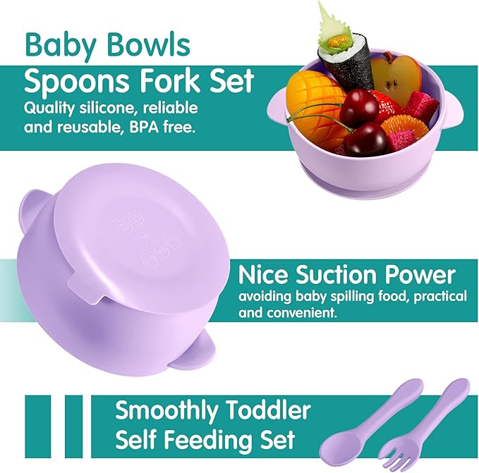 Chengu 12 Pcs Silicone Bowl with Suction Set for Baby Toddler with Suction Plate, Spoon and Fork, Divided Design Baby Feeding Utensils Weaning Kit, Dishwasher and Microwave Safe