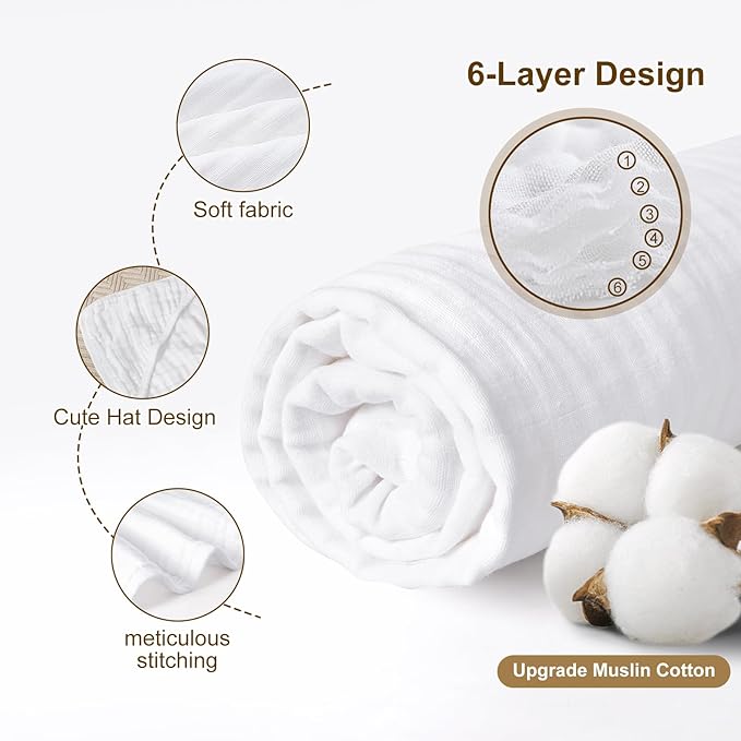 david's kids 2 Pack Hooded Baby Towels, 100% Muslin Cotton 6-Layer Ultra Soft Breathable Absorbent Baby Bath Towels for Infant and Toddler, Newborn Essentials, Large 32x32Inch, White