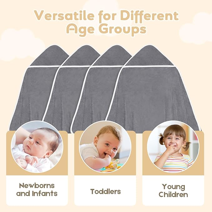 Hooded Towel for Newborn, 4 Pack Soft Coral Fleece Baby Towels, Ultra Absorbent Bath Cloths Bulk for Infants, Toddlers, Newborn Essential- 30 x 30 inch - Grey