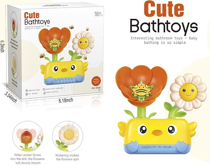 Durable Bath Toys for Toddlers 1-3 with Spinning Flower, Baby Waterfall Bathtub Toy W/Suction Cup and Spoon,Kids Bathtub Shower Play Set for Fun Bath Time Play