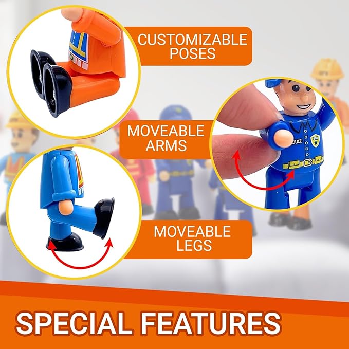 FUNERICA 8-Set Bendable Play People Figures for Kids - Firefighters, Police Officers, Construction Workers, Sanitation and Community Helpers Figurines