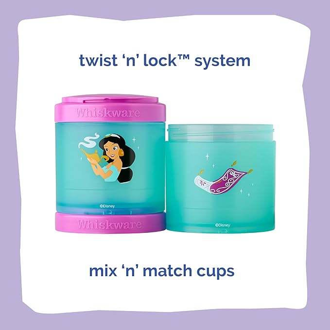 Whiskware Disney Princess Aladdin, Stackable Snack Containers for Kids, 3 Stackable Snack Cups for School or Travel, Backpack and Cupholder Friendly, Jasmine and Magic Carpet