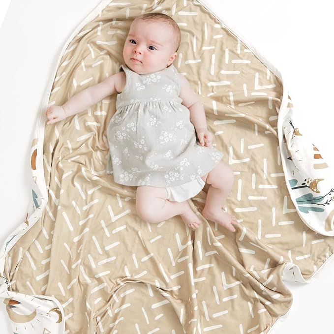 GRSSDER Baby Blankets Super Soft Jersey Knit Swaddle Blanket 2 Pack for Baby Girls and Boys, Double Layer Reversible Receiving Blankets 34 x 44 Extra Large for Swaddling, Rainbow & Beige
