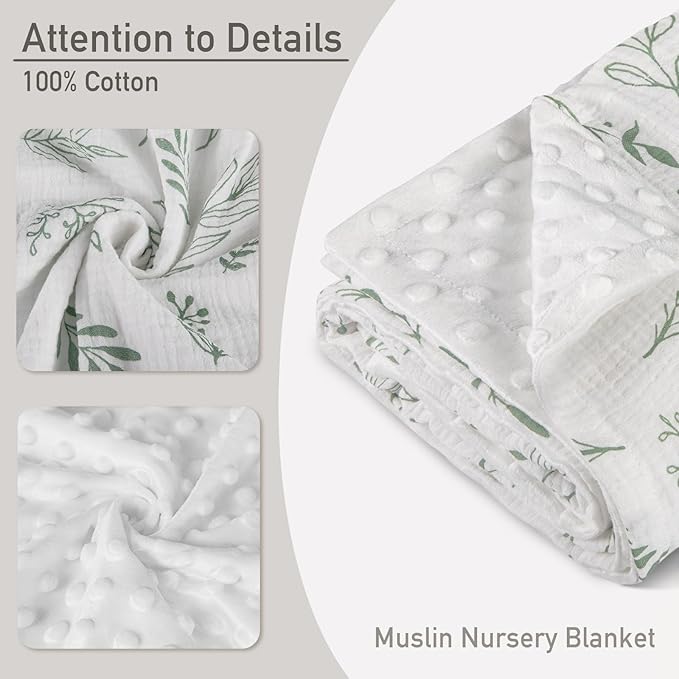 GLLQUEN BABY Blankets for Unisex Boys Girls, 2-Pack Muslin Cotton Front Soft and Breathable, and Dotted Fleece Backing, Printed Bed Nursery Minky Blankets for Toddler Newborn, Greenery,30 x 40 inches