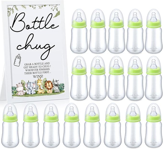 Roowest Bottle Chug Baby Shower Game Favors Including Safari Animals Theme Wooden Sign and 18 Pcs Baby Bottles for Gender Reveal Party Supplies