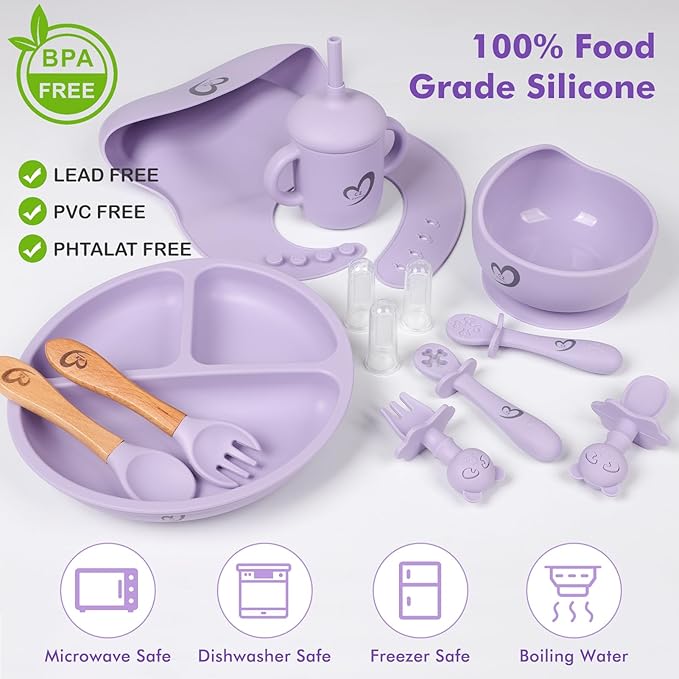 Silicone Baby Feeding Set 13 Pcs,Baby Led Weaning Supplies, Baby Spoons Suction Bowl Divided Plate Bib Cup Finger Brush,First Stage Solid Food Eating Utensils - 6 Months + (Pink)