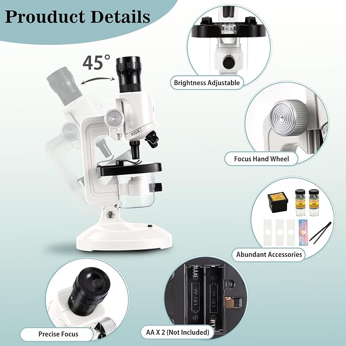 Little World Microscope for Kids, 100x 400x and 1200x Science Kits for Kids Age 5-7 Age 8-12, Microscope Beginner Kit with LED, Learning Resources Toys, Science Experiment STEM Kits, White