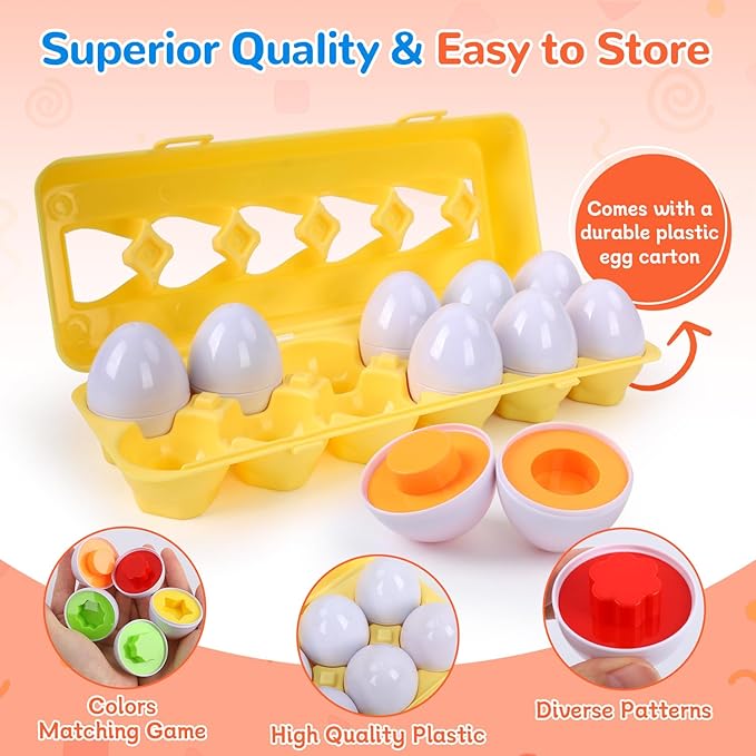 USATDD Matching Eggs for Toddlers Montessori Color & Shape Recognition Toy, Fine Motor Skills Shape Sorter Puzzle, Educational Montessori for Kids,12pcs Eggs Toy