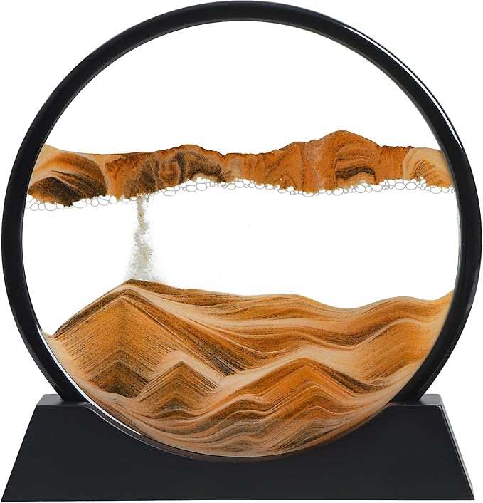Moving Sand Art Liquid Motion, 3D Deep Sea Sandscape Color Quicksand Decor, Round Glass Moving Sand Art Picture Relaxing Desktop Home Office Work Decor (Orange, 12 inch)