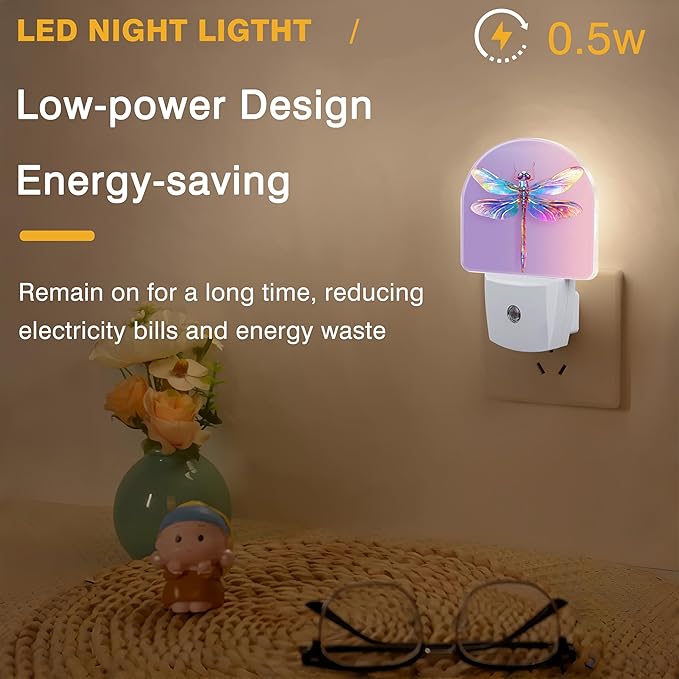 Night Light, Colorful Dragonfly Night Lights Plug into Wall Dusk to Dawn Sensor Round Nightlight for Women Men Energy Efficient Led Lamp 0.5W for Stairway Hallway Bedroom