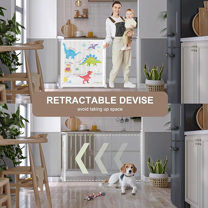 Retractable Baby Gate for Doorways and Stairs, Mesh Safety Gate for Pet, Indoor & Outdoor Use, One-Hand Operation, Easy Installation, 34" Tall, Expands to 55" Wide (Dinosaurs, 34"x55")