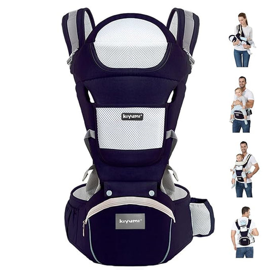 KIYUMI Baby Carrier with Hip Seat, Ergonomic M Position, Newborn to Toddler, Head Support and Breathable Mesh,Adjustable Removable 6- in-1 Baby Baby Sling Carrier (7-45 lbs) for Mom Dad,Darkblue