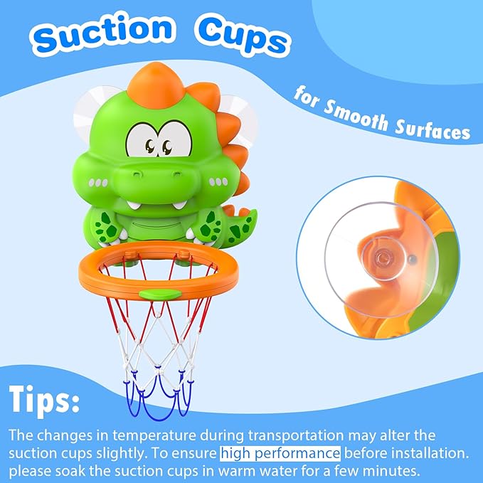 Topsolid Bathtub Basketball Hoop for Kids - Dino Style 2-in-1 Bath Toys with Strong Suction Cups & 4 No Hole Balls | Fun Shooting Game for Baby Toddler Boys & Girls Ages 1-8