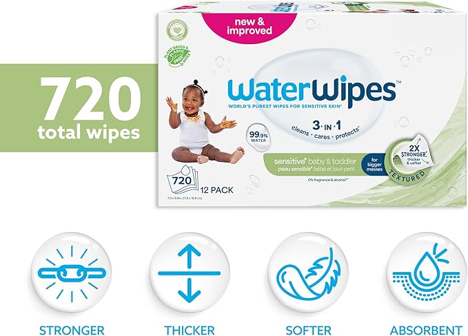 WaterWipes Sensitive+ Baby & Toddler Wipes, 3-In-1 Cleans, Cares, Protects, 99.9% Water, Textured Clean, Unscented & Hypoallergenic, 720 Count (12 Packs)