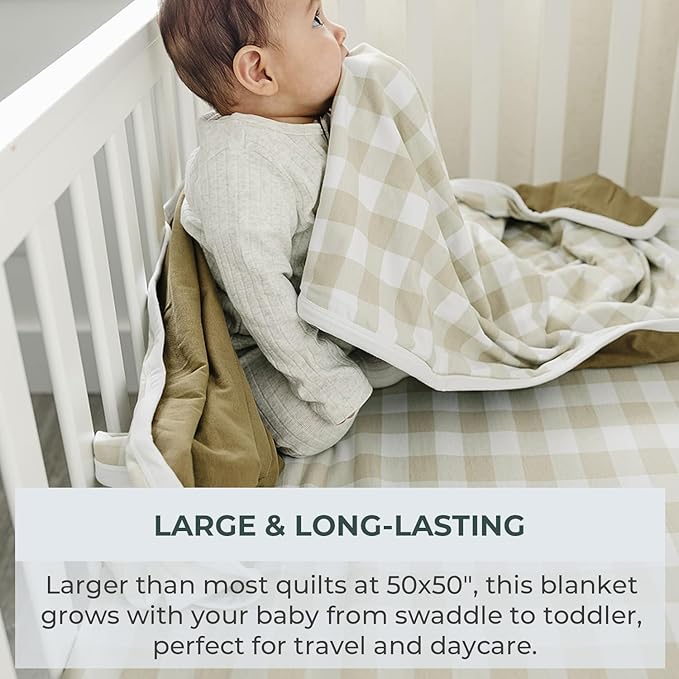 Pobibaby Premium Baby Blanket, Soft Stretchy Quilt for Babies, Toddlers, Kids (Gingham Khaki)
