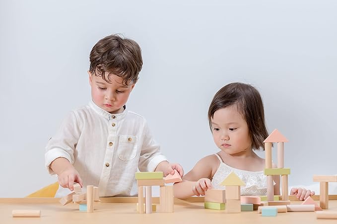 PlanToys 40 Piece Unit Block Building and Construction Block Set (5507) | Pastel Color Collection |Sustainably Made from Rubberwood and Non-Toxic Paints and Dyes