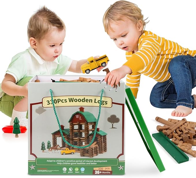 Wondertoys 330 Pcs Wooden Log Set Real Wood Logs Classic Building Log Ages 3+ Best Retro Building Gift Set for Boys Creative Construction Engineering Educational Gifts