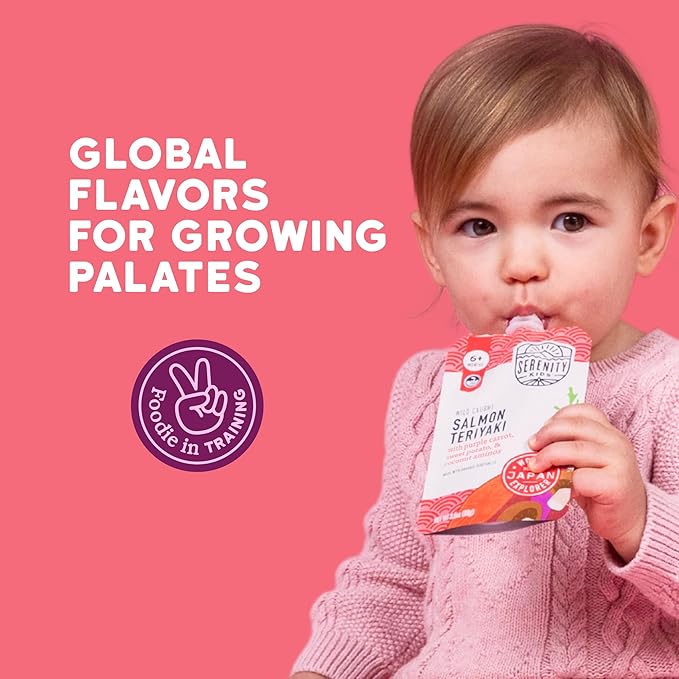 Serenity Kids 6+ Months Organic Baby Food Pouch - 3.5 oz, Pack of 12, Salmon Teriyaki - 5g Protein Nutrient-Packed Puree - Savory Salmon Teriyaki - No Added Sugar - On-The-Go Pouch for Baby Snacks
