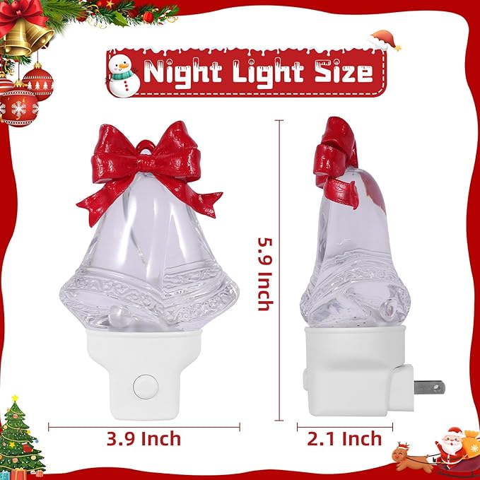 Christmas Night Light Plug into Wall Swirling Glitter USB Portable Christmas Decorative Night Light Decoration for Kids Adults Bedroom Kitchen Living Room Holiday Decor (Bells)