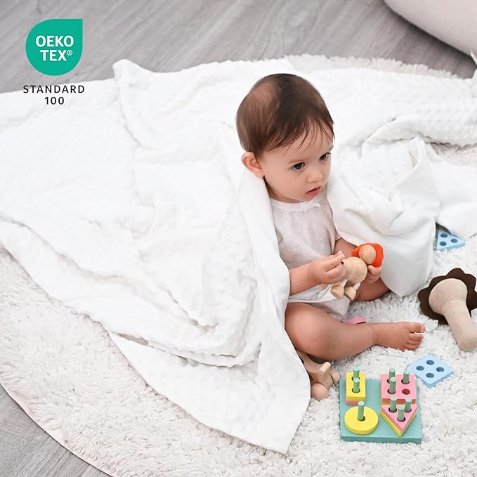 david's kids Micro Fleece Minky Baby Throw Blanket for Boys Girls Neutral with Double Layer and Soothing Raised Dots, 50x60 Inches Breathable and Soft Lightweight Receiving Blanket for Newborns White