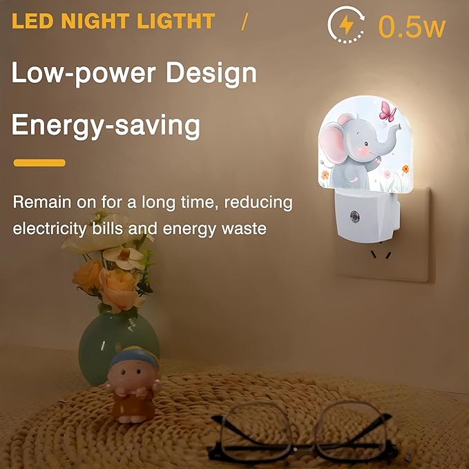 Floral Night Lights Plug into Wall Cute Elephant and Pink Butterfly Night Light Dusk to Dawn Smart Sensor Decorative Round Led Lamp for Bedroom Kitchen Hallway Nightlight for Women Men