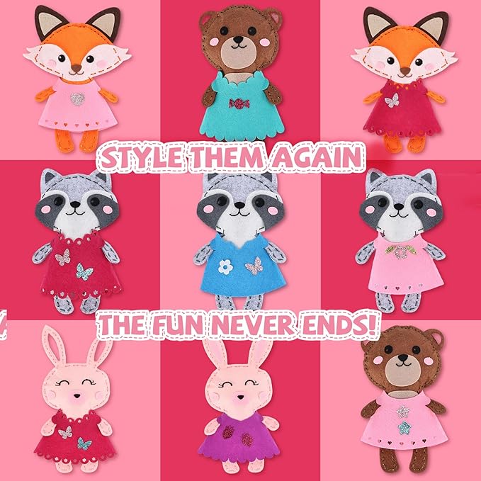 Cymbana Kid Sewing Craft Kit to Make a Friend for Beginner Felt Craft Learn to Sew, Panda Fox Bunny Raccoon Bear 5 Animals